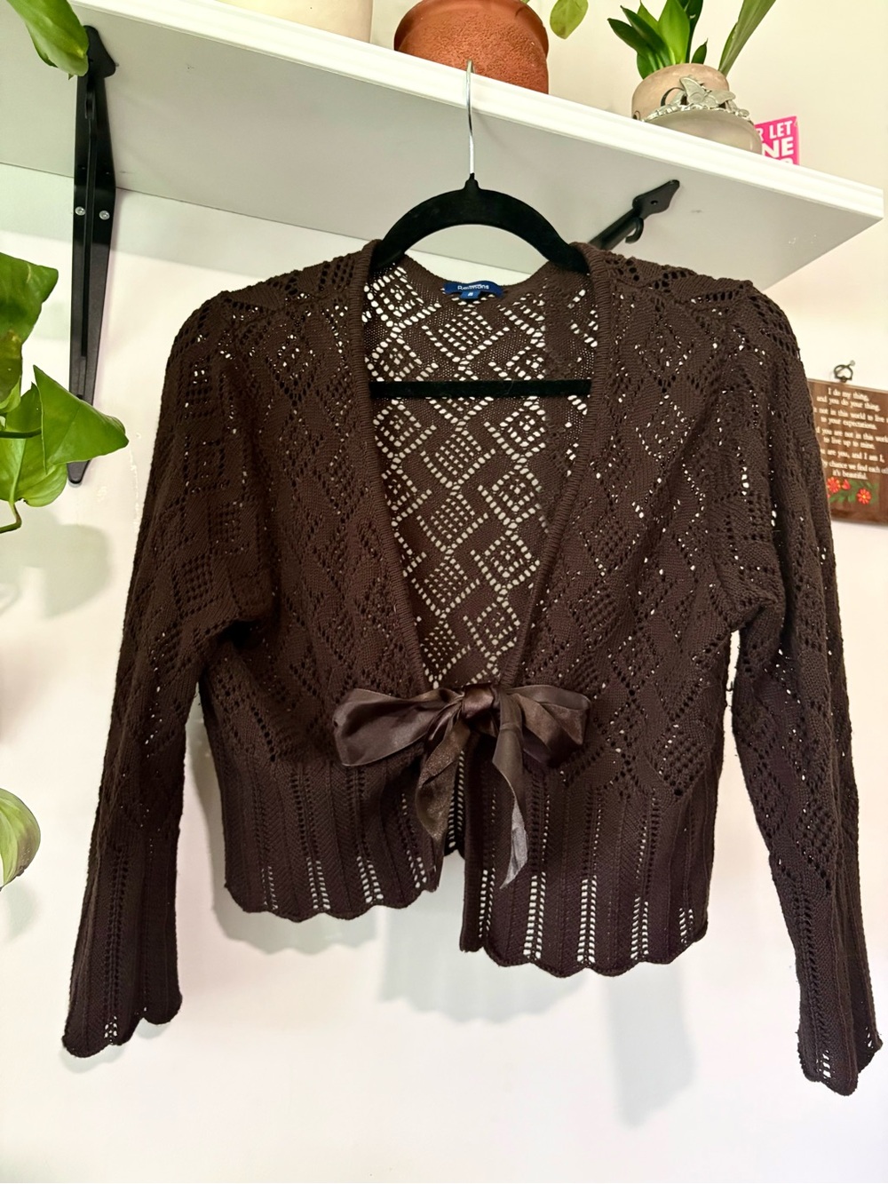Reitmans Chocolate Brown Openwork Tie-Front Cardigan